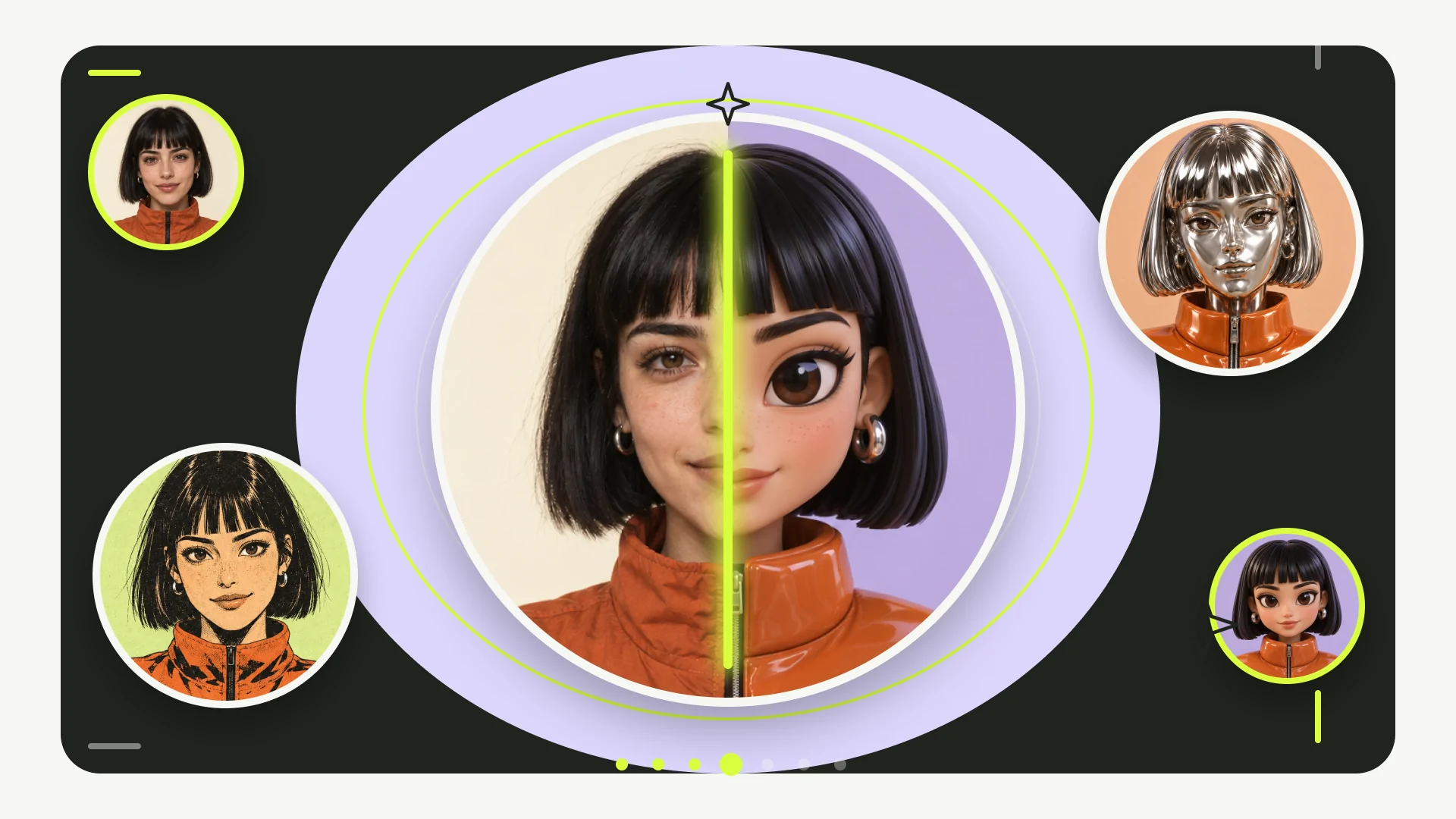 The original photo and the vinyl avatar split down the middle by a lime scan line, ringed by the other styles.