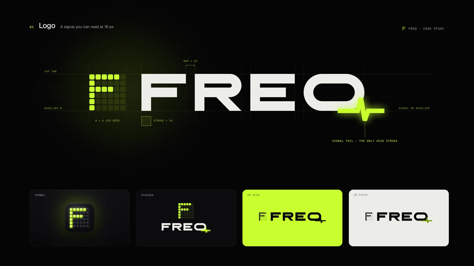 The FREQ logo sheet: the wordmark with its acid heartbeat tail, the pixel F icon, and the lockup on dark, acid and light backgrounds.