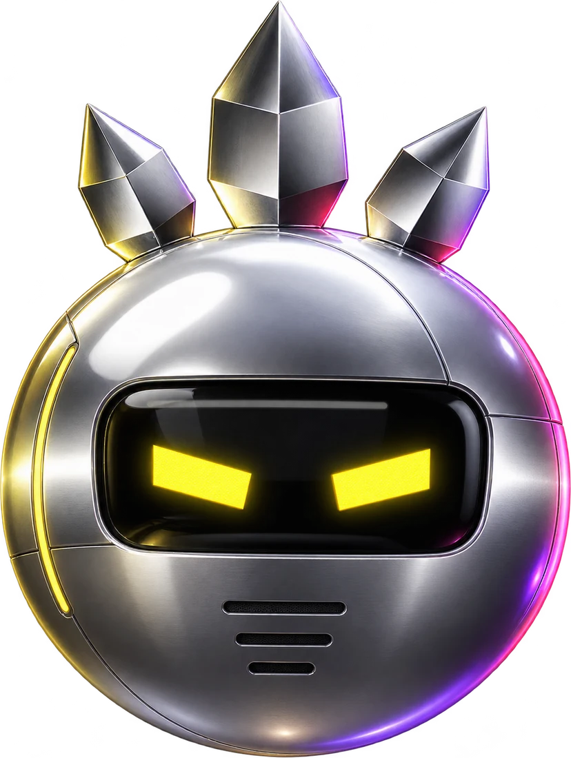 Obsidian Core, KRYPTON's mythic raid boss: a chrome sphere crowned with three crystal spikes, its visor glowing yellow.