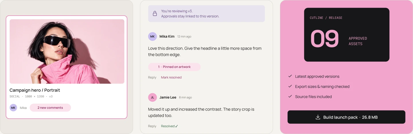 Three interface details: an asset card with owner, format and version; a comment thread locked to v3; and the pink release card with nine approved assets.