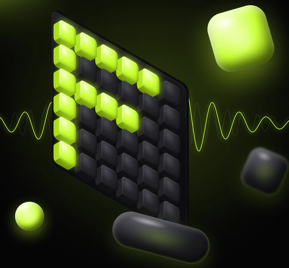 FREQ's key visual: a tilted panel of glossy 3D keys with the letter F lit in acid green, a sound wave passing through it.