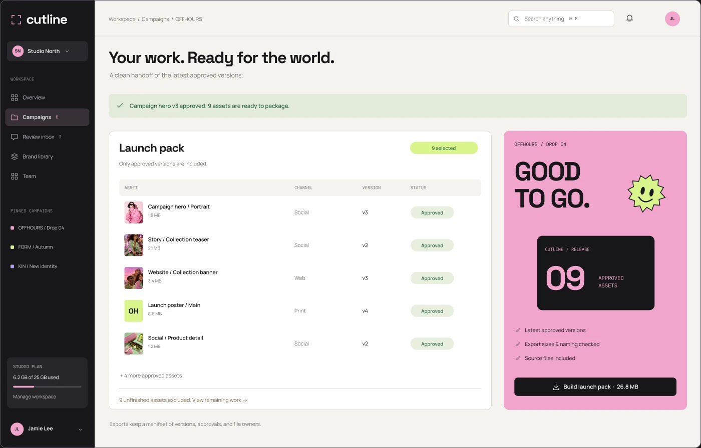 The launch pack screen: a table of approved assets and a pink Good to go card with 09 approved assets and a Build launch pack button.