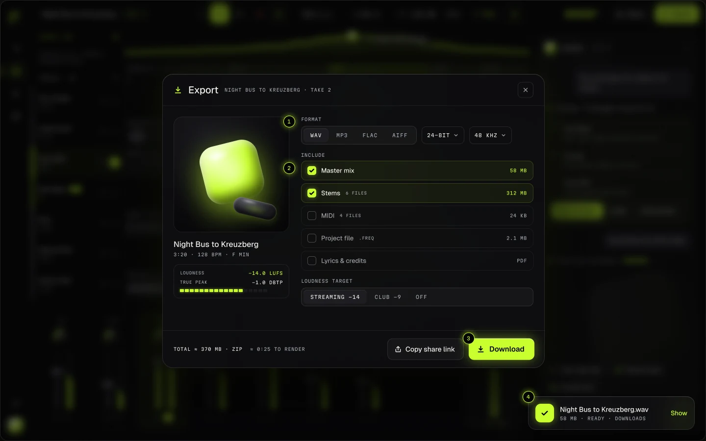 Export: format, bit depth and what to take, with loudness targets in LUFS.