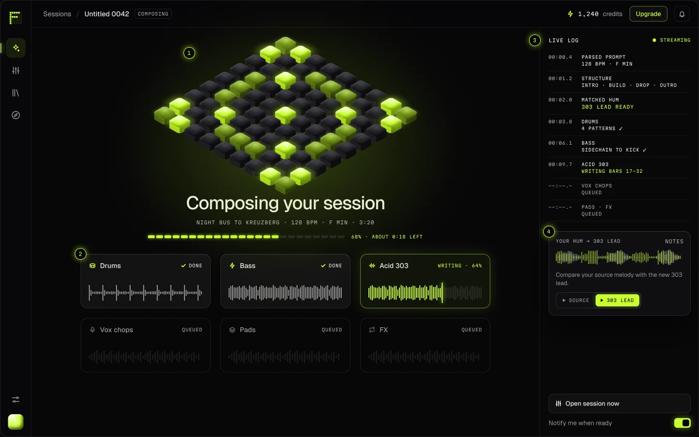 Generating: the LED matrix pulses while finished stems become playable and a live log lists each decision.
