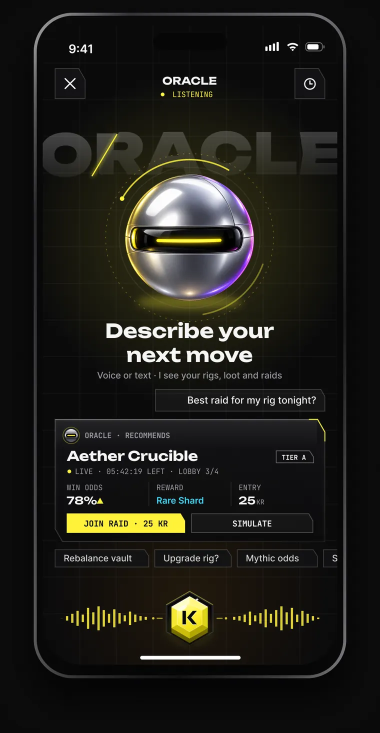 AI Oracle: a chrome orb listening, the prompt Describe your next move, a recommended raid card with win odds and a voice waveform.