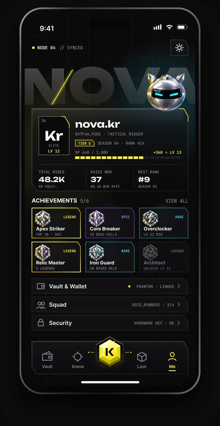 Profile for nova.kr: the Kr element badge, season stats, six achievement badges and wallet, squad and security rows.