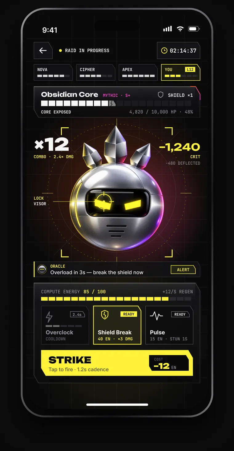 Raid live: squad status, the boss at 48% HP, a ×12 combo and −1,240 crit, an Oracle alert, three abilities and the Strike button.