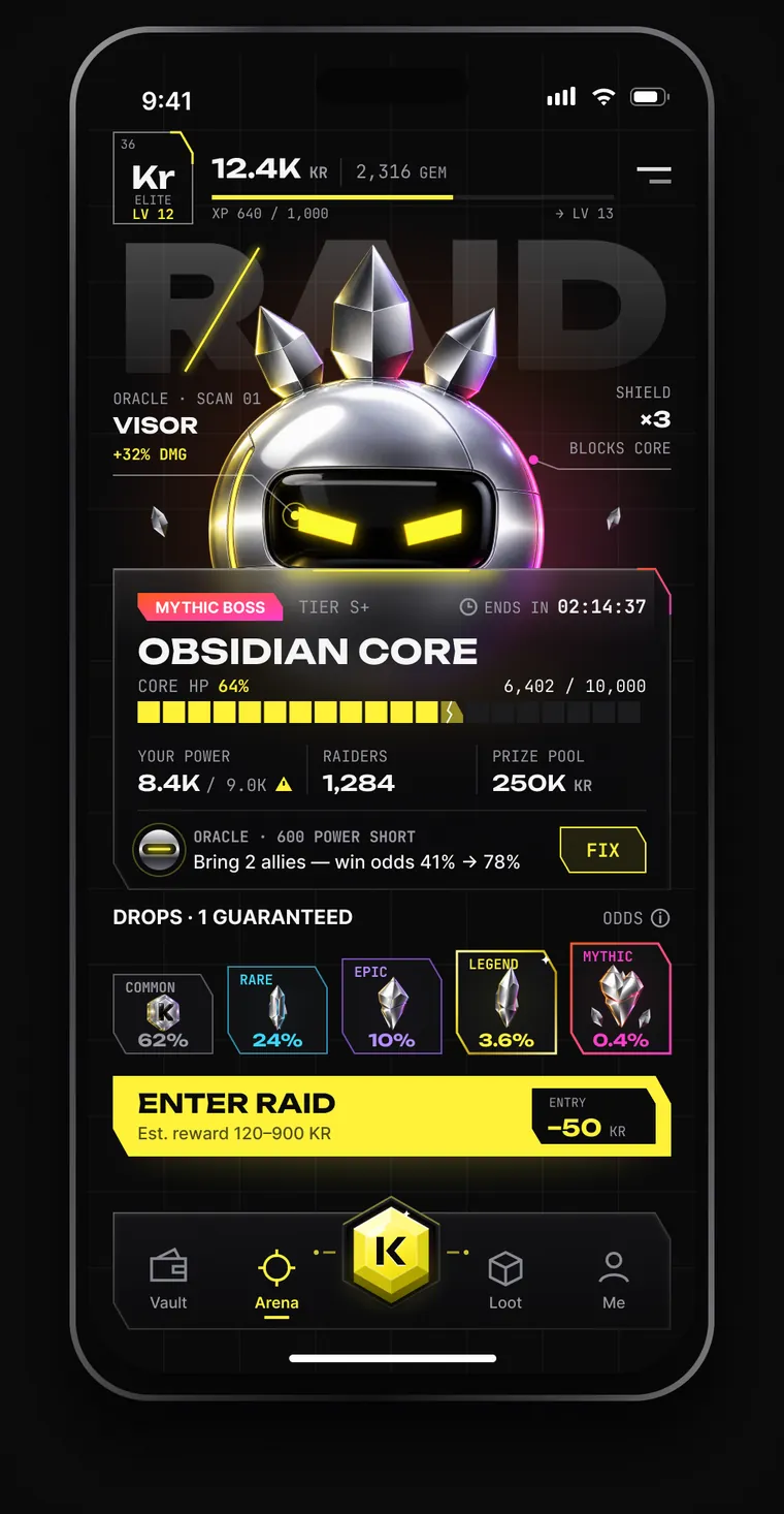 Raid lobby: the Oracle marks the visor as a weak point, the drop odds for five rarities and an Enter raid button with a 50 KR entry.