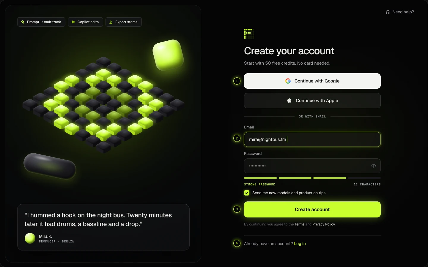 Sign-up screen with Google and Apple first and an LED password strength meter.