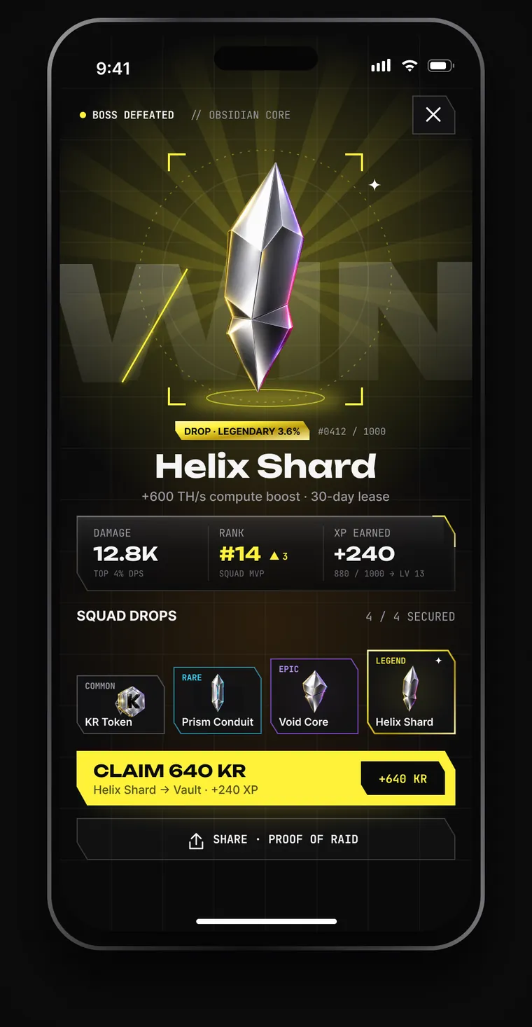 Victory: a legendary Helix Shard drop over yellow rays, damage, rank and XP earned, the squad drops and a Claim 640 KR button.