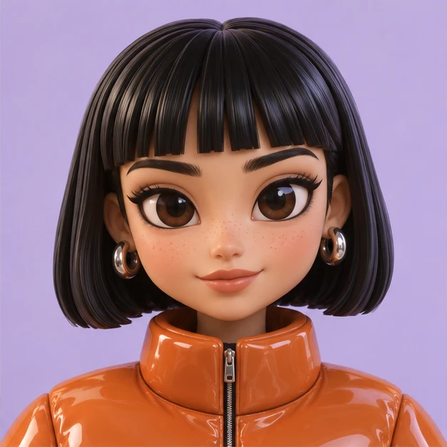 The same woman as a glossy vinyl toy.