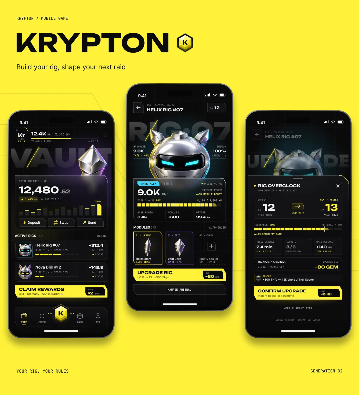 Yellow showcase board: KRYPTON, Build your rig, shape your next raid, with the Vault, Rig detail and Upgrade screens on phones.