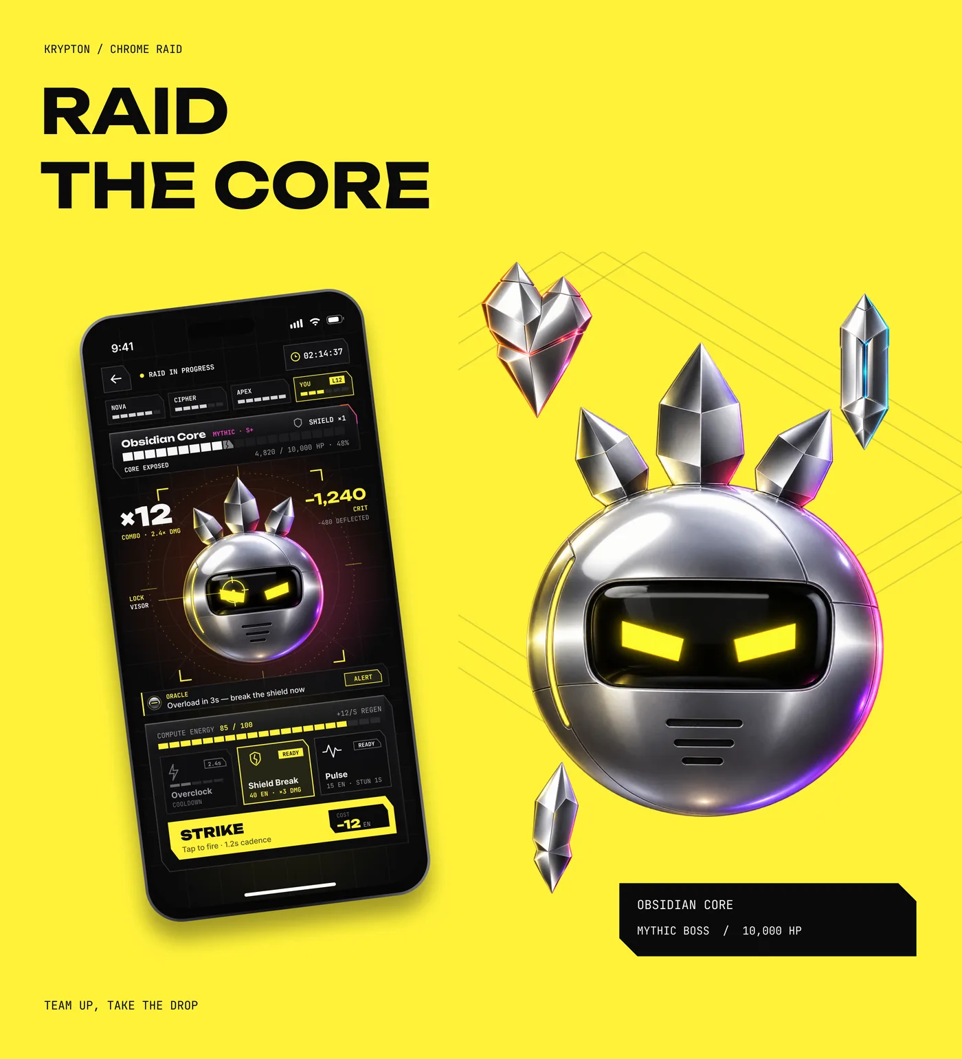 Yellow showcase board: Raid the core, a tilted phone on the live raid next to a large chrome Obsidian Core with floating relics.