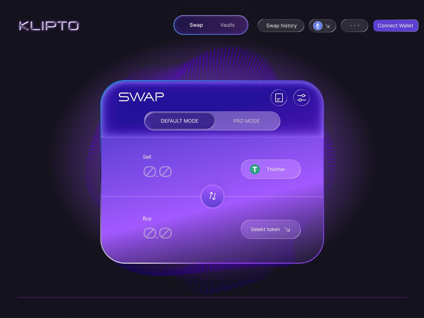 KLIPTO web app — the liquid-glass swap card over a dotted glow sphere, with the Swap/Vaults toggle and Connect Wallet in the nav