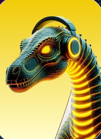 Long-necked sauropod with glowing amber vertebrae and headphones