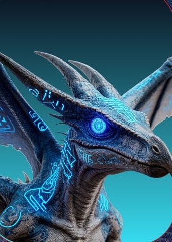 Winged pterosaur etched with luminous circuitry